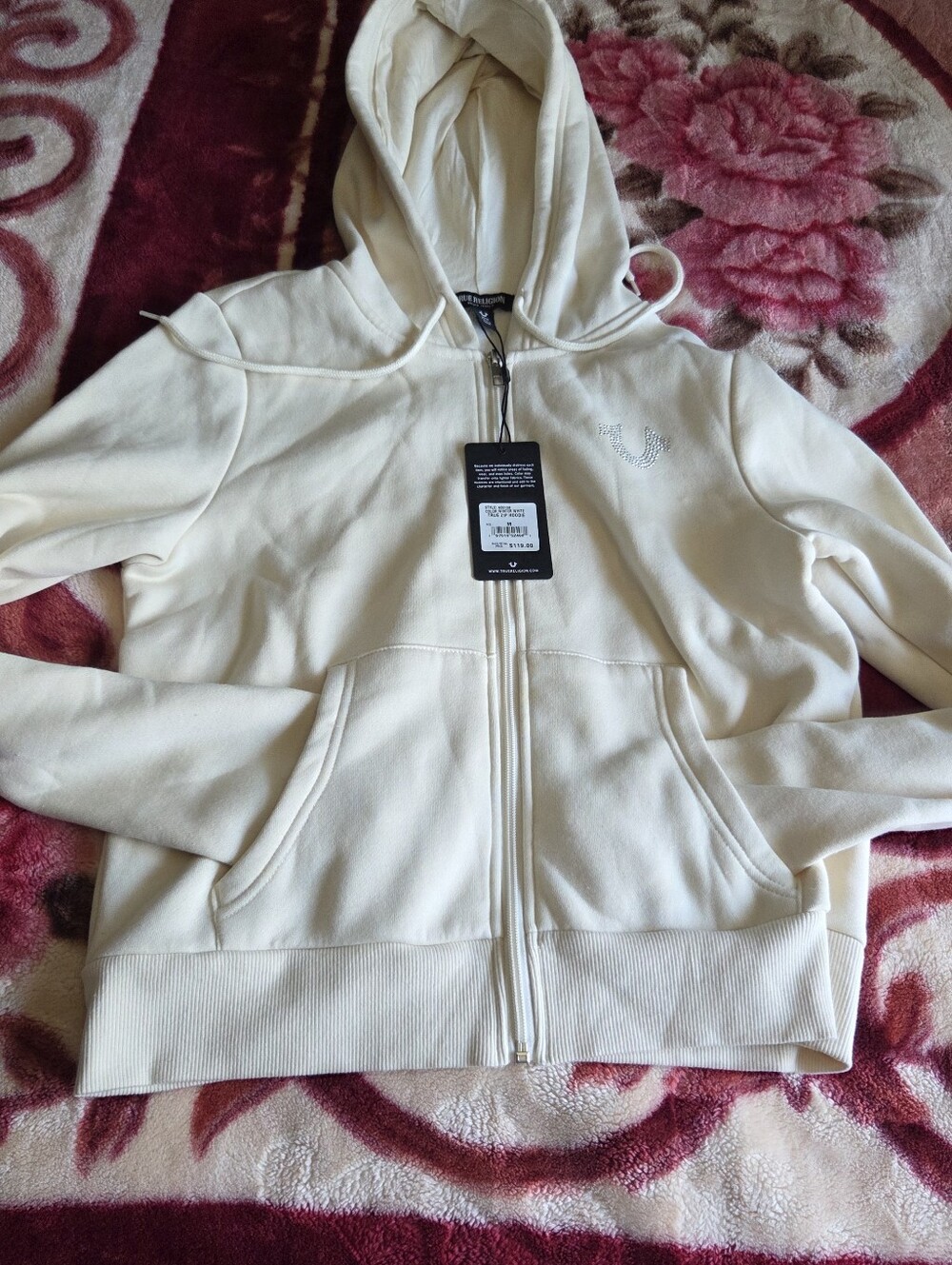 Cream Zip-Up Hoodie with Rhinestone Detail